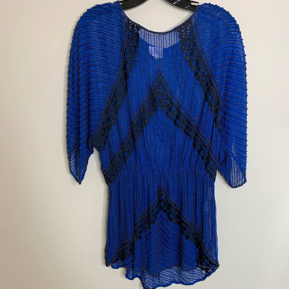 Parker blue top with black beaded design and lace